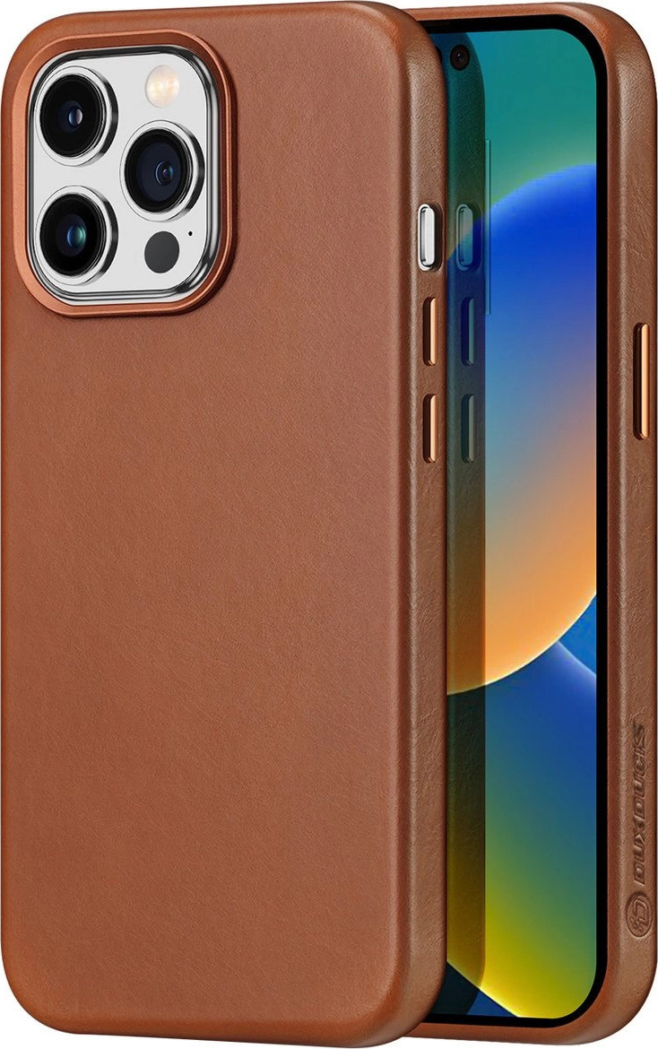 Pouzdro Dux Ducis Naples pro iPhone 14 Pro s magnetickou kůží, hnědé, MagSafe