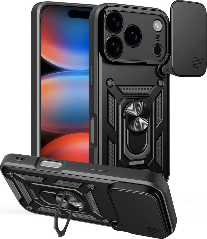 Hybridní kryt Camshield pro iPhone 17 Pro Max se stojánkem a krytem kamery - černý