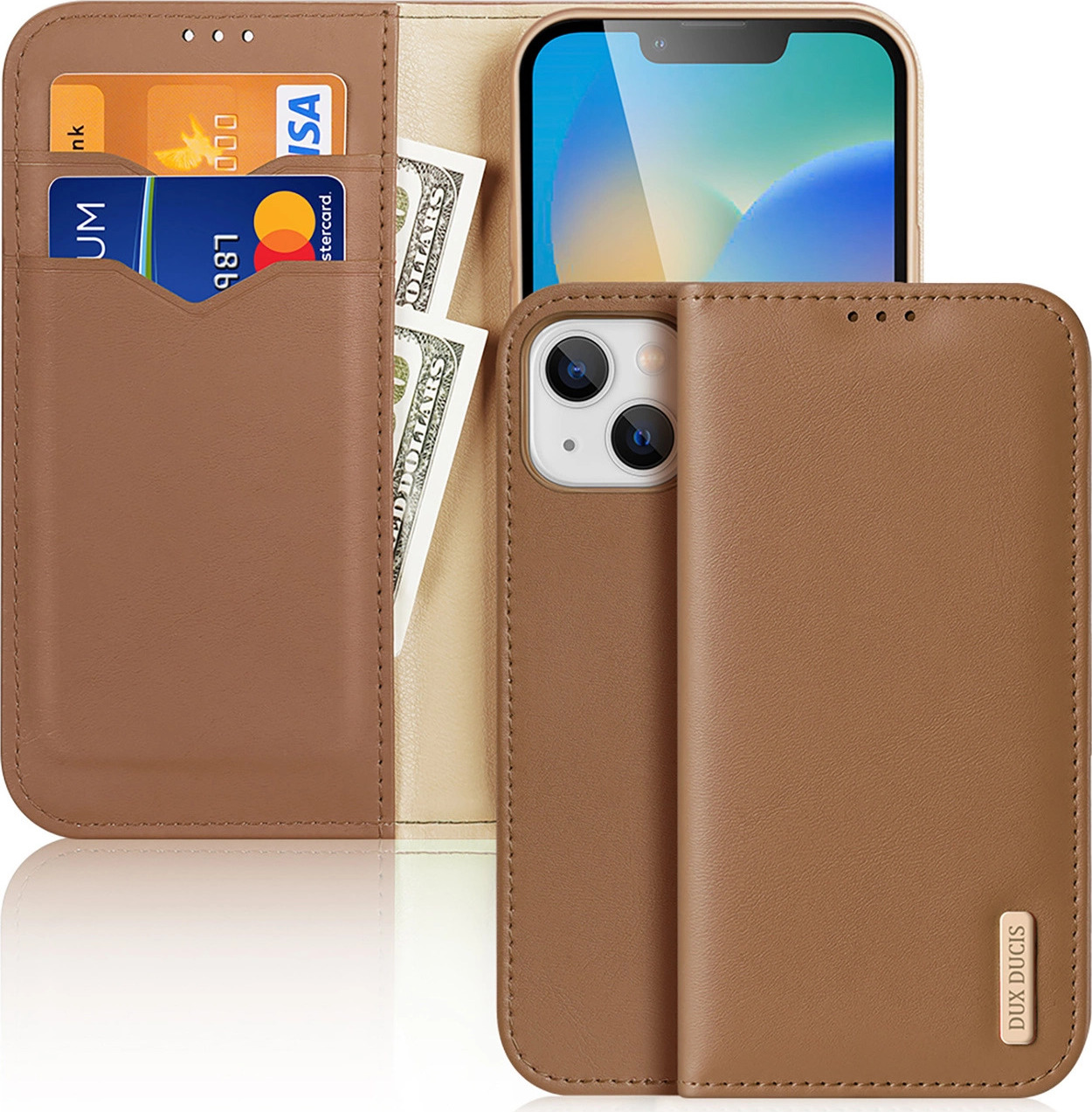 Kožené peněženky Dux Ducis Hivo z pravé kůže na karty a dokumenty pro iPhone 14 hnědé