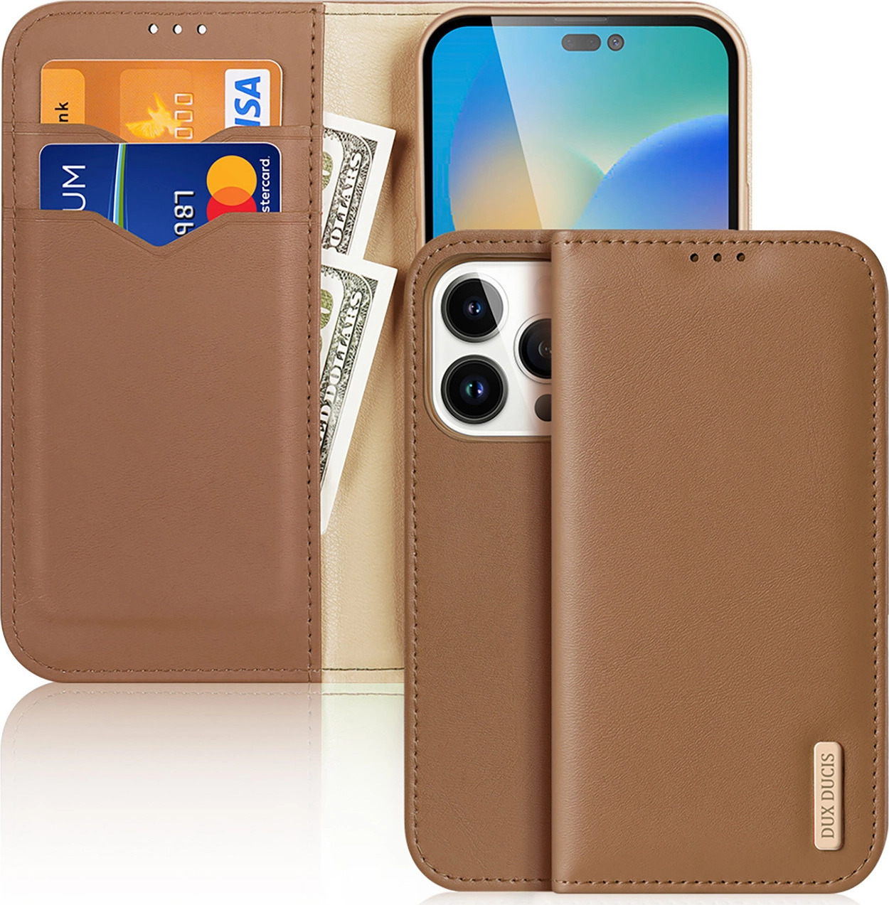 Kožené odklápěcí pouzdro Dux Ducis Hivo z pravé kůže na karty a dokumenty pro iPhone 14 Pro hnědé
