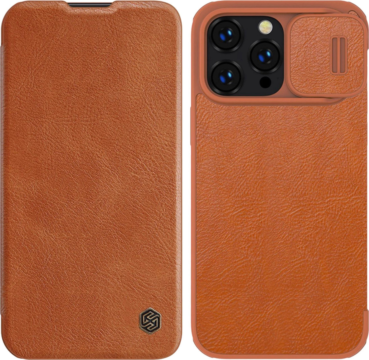 Nillkin Qin Leather Pro Case iPhone 14 Pro Max Kryt s fotoaparátem, flipové pouzdro, hnědé