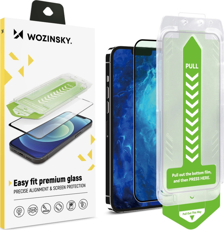 Tvrzené sklo 9H s montážním rámečkem pro iPhone 15 Wozinsky Premium Glass - černé