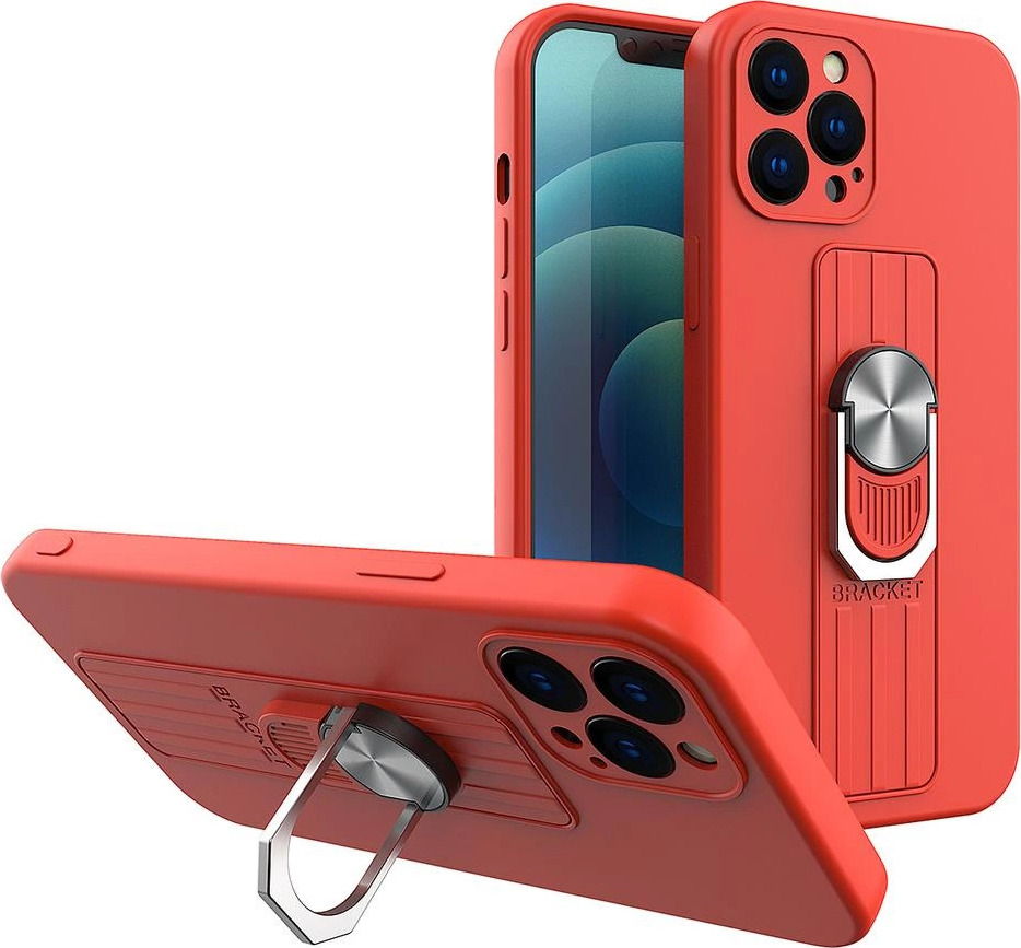 Silikonový kryt Ring Case s úchopem pro prsty a stojánkem pro iPhone 13 Pro Max červený