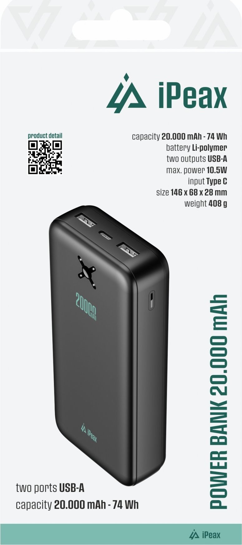 iPEAX POWER BANKA 20000 mAh, 10,5W, 2x USB-A ČERNÁ