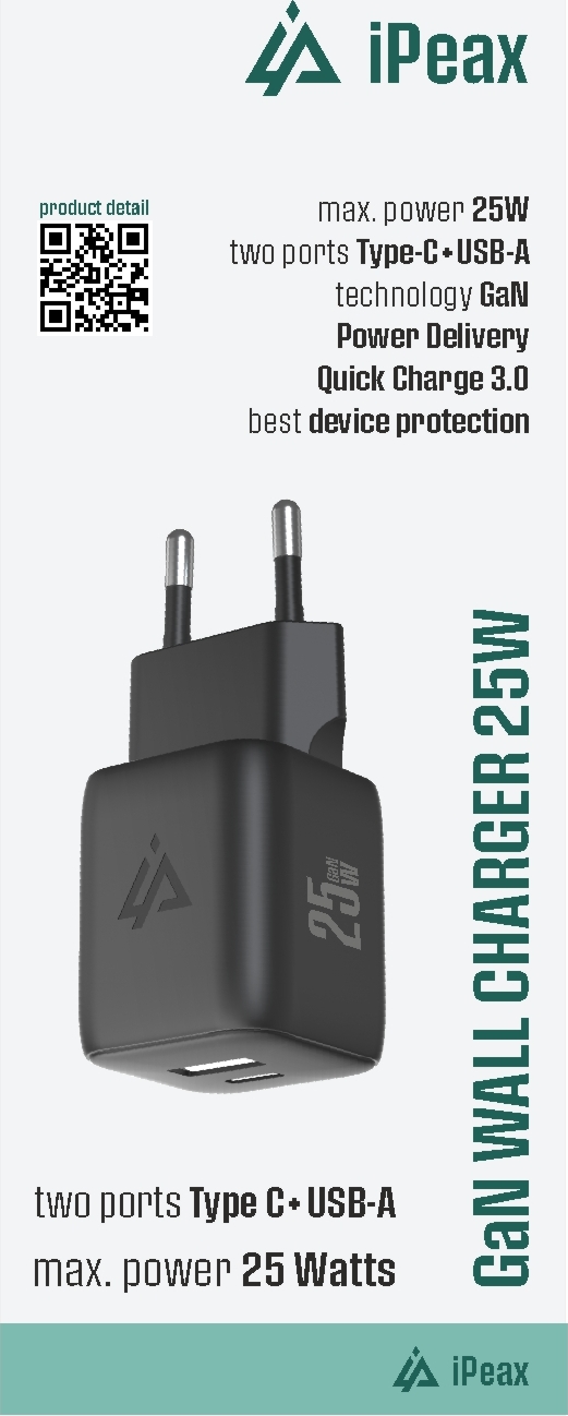 iPEAX GaN SÍŤOVÁ NABÍJEČKA 25W (USB-C + USB-A) ČERNÁ