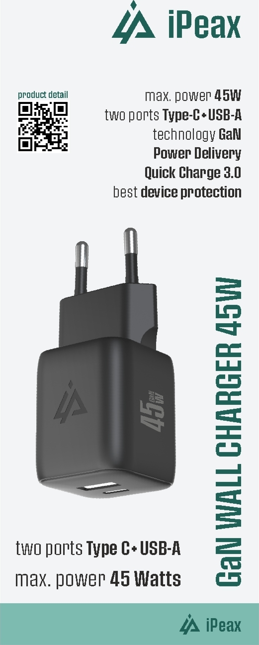 iPEAX GaN SÍŤOVÁ NABÍJEČKA 45W (USB-C + USB-A) ČERNÁ
