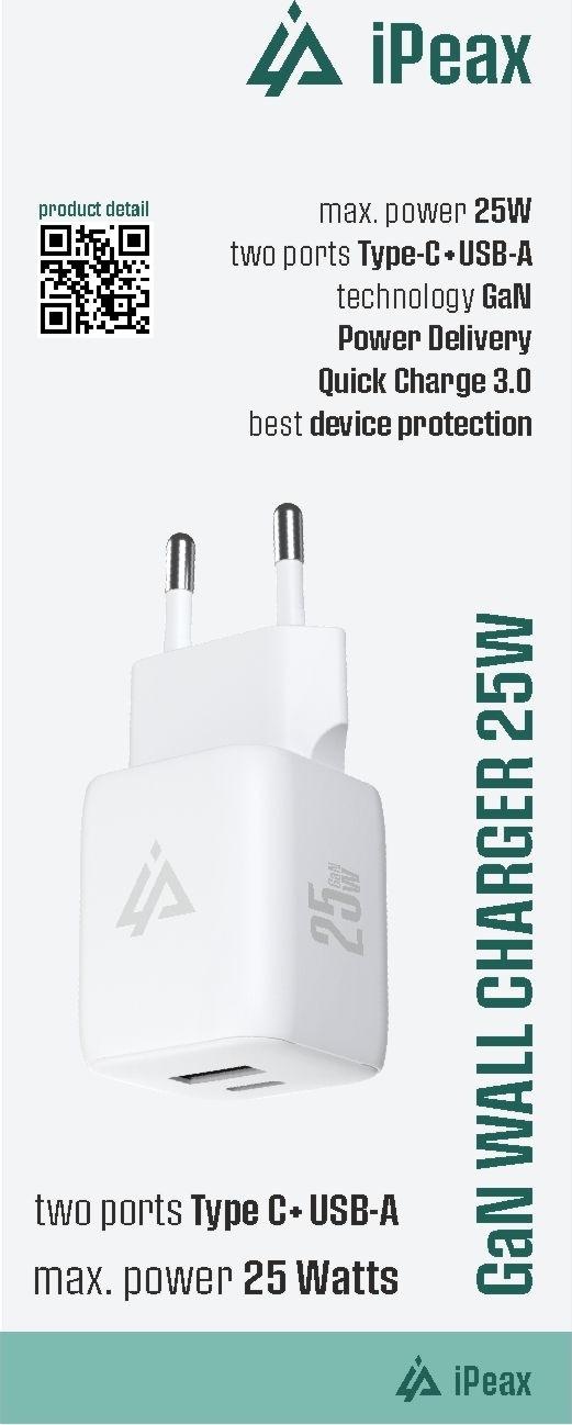 iPEAX GaN SÍŤOVÁ NABÍJEČKA 25W (USB-C + USB-A) BÍLÁ