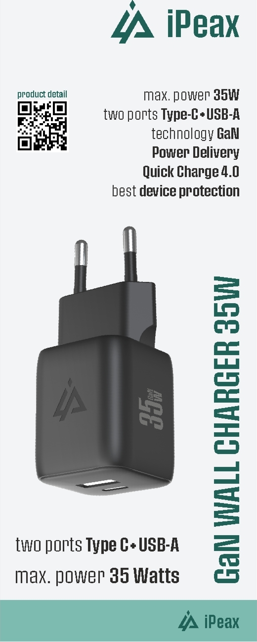 iPEAX GaN SÍŤOVÁ NABÍJEČKA 35W (USB-C + USB-A) ČERNÁ