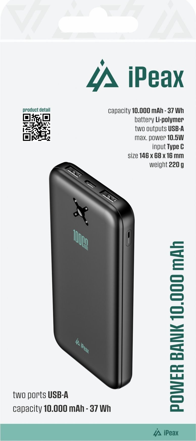 iPEAX POWER BANKA 10000 mAh, 10,5W, 2x USB-A ČERNÁ