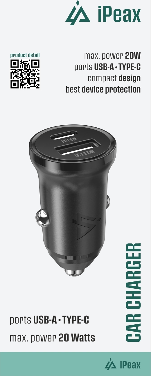 iPEAX AUTONABÍJEČKA CL-03, PD, 20W, USB-C + USB-A ČERNÁ