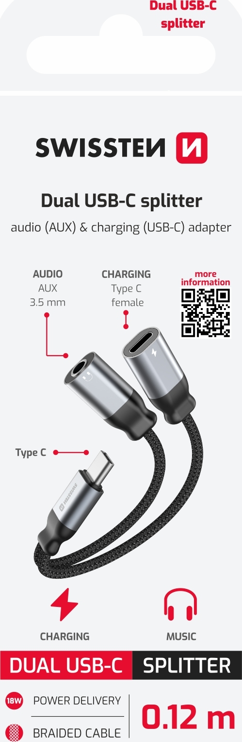Levně NABÍJECÍ AUDIO ADAPTÉR SWISSTEN TEXTILE USB-C (samec) / USB-C (samice) a 3,5mm AUX 0,12 M ČERNÝ