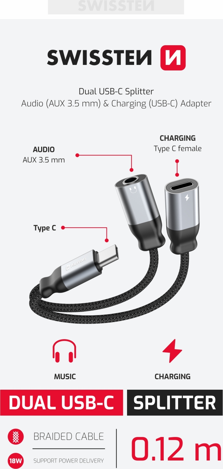 NABÍJECÍ AUDIO ADAPTÉR SWISSTEN TEXTILE USB-C (samec) / USB-C (samice) a 3,5mm AUX 0,12 M ČERNÝ