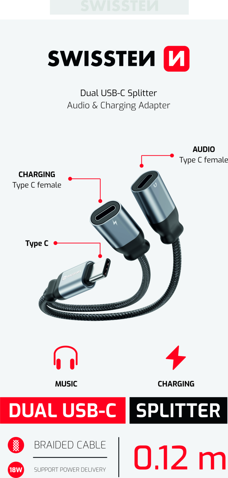 NABÍJECÍ AUDIO ADAPTÉR SWISSTEN TEXTILE USB-C (samec) / 2x USB-C (samice) 0,12 M ČERNÝ