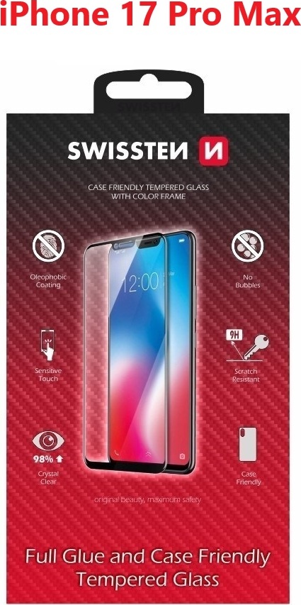 SKLO SWISSTEN FULL GLUE, COLOR FRAME, CASE FRIENDLY PRO APPLE IPHONE 17 PRO MAX ČERNÉ