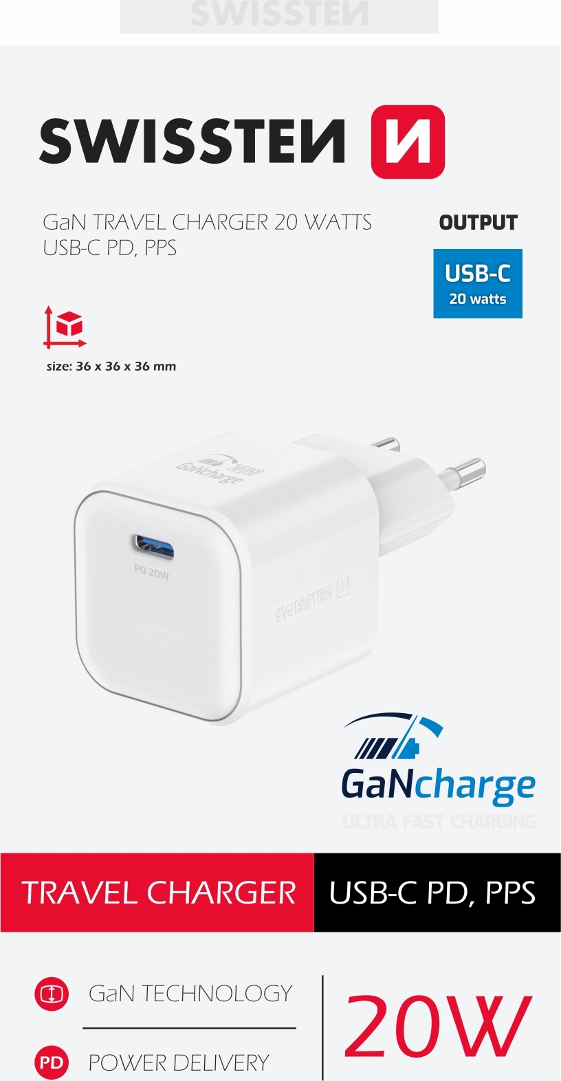 SWISSTEN SÍŤOVÝ ADAPTÉR GaN 1x USB-C 20W POWER DELIVERY BÍLÝ
