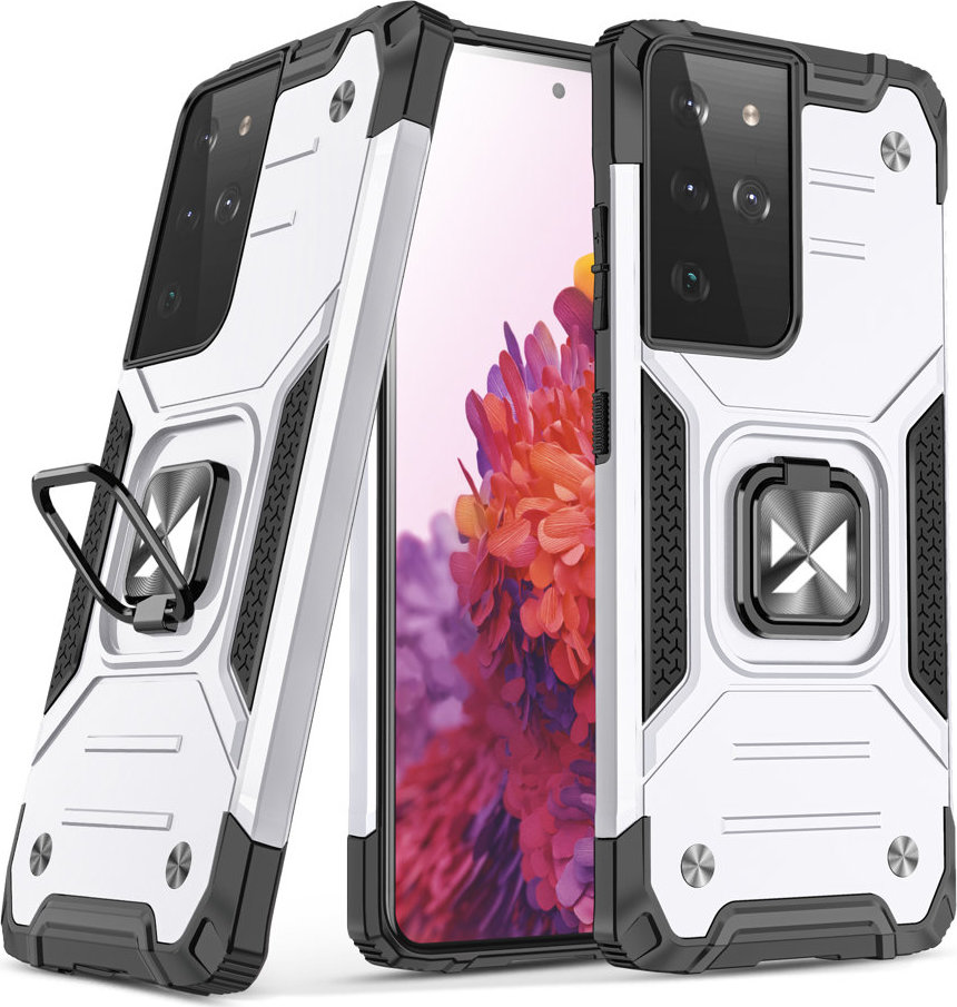 Odolný hybridní kryt Wozinsky Ring Armor + magnetický držák pro Samsung Galaxy S22 Ultra stříbrný