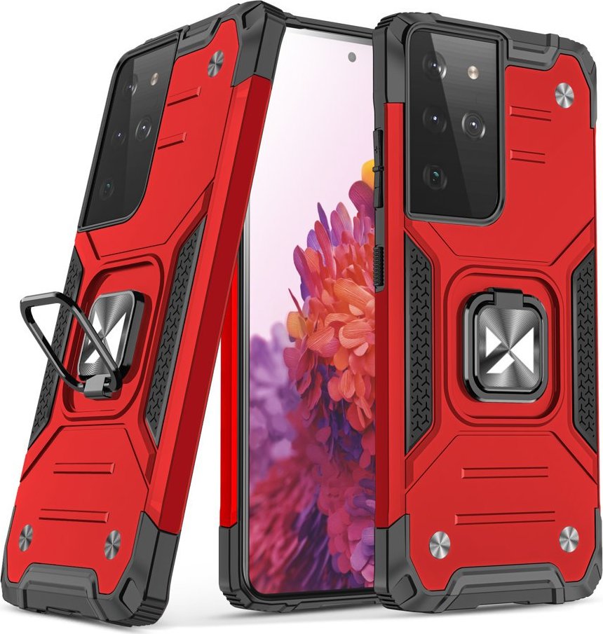 Odolný hybridní kryt Wozinsky Ring Armor + magnetický držák pro Samsung Galaxy S22 Ultra červený