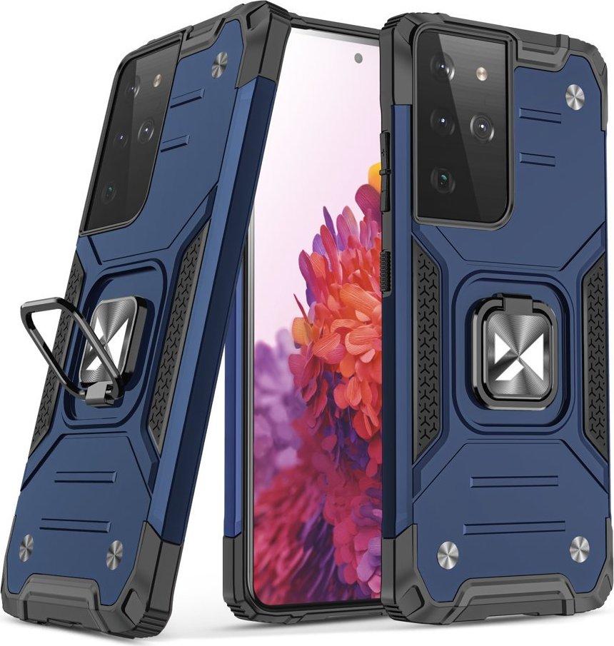 Odolný hybridní kryt Wozinsky Ring Armor + magnetický držák pro Samsung Galaxy S22 Ultra modrý