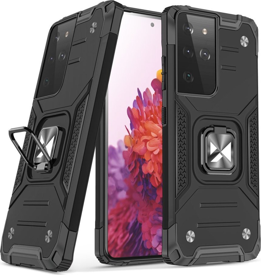 Odolný hybridní kryt Wozinsky Ring Armor + magnetický držák pro Samsung Galaxy S22 Ultra černý