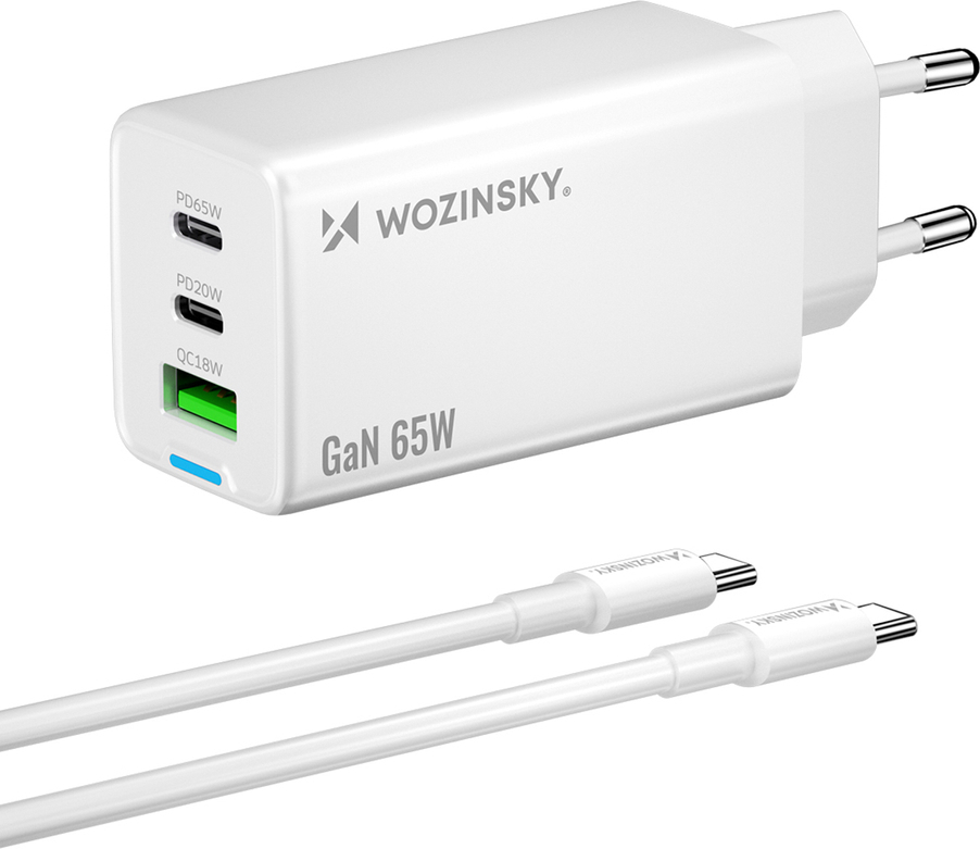 Nabíječka Wozinsky GaN 65W s 2xUSB-C USB porty a 65W CC kabelem - bílá