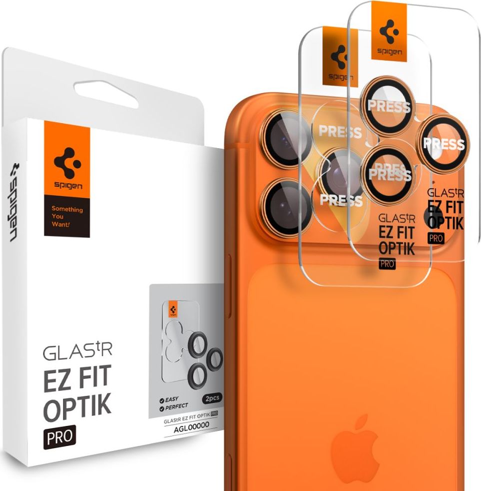 Ochranné sklo na čočku fotoaparátu SPIGEN OPTIK PRO GLAS.TR ”EZ FIT” CAMERA PROTECTOR 2-PACK IPHONE 16 PRO / MAX / 17 PRO / MAX ORANGE