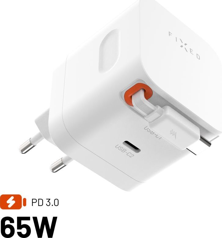Síťová GaN nabíječka FIXED s 2xUSB-C, podpora PD 3.0, se samonavíjecím kabelem, 65W, bílá