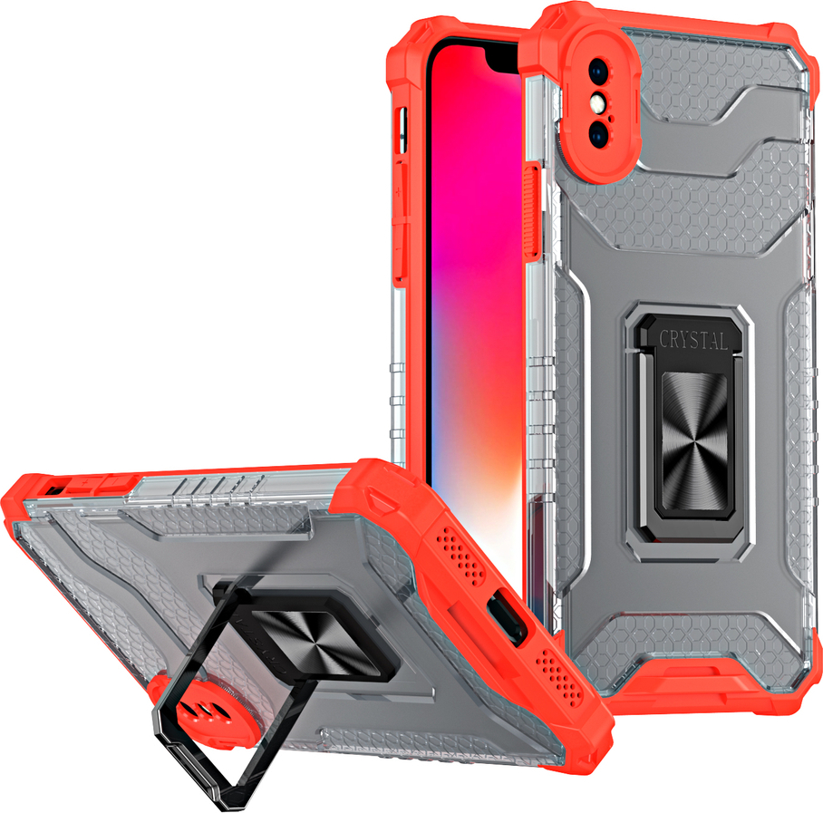 Krystalový kroužkový kryt s stojánkem a robustním krytem pro iPhone XS Max červený