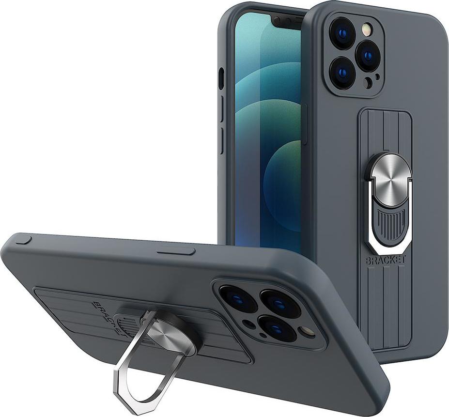 Silikonový kryt Ring Case s úchopem pro prsty a stojánkem pro iPhone 13 Pro tmavě modrý