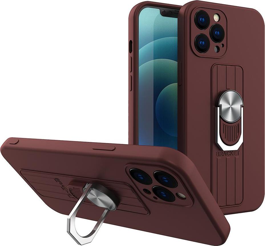 Silikonový kryt Ring Case s úchopem pro prsty a stojánkem pro iPhone 13 Pro hnědý