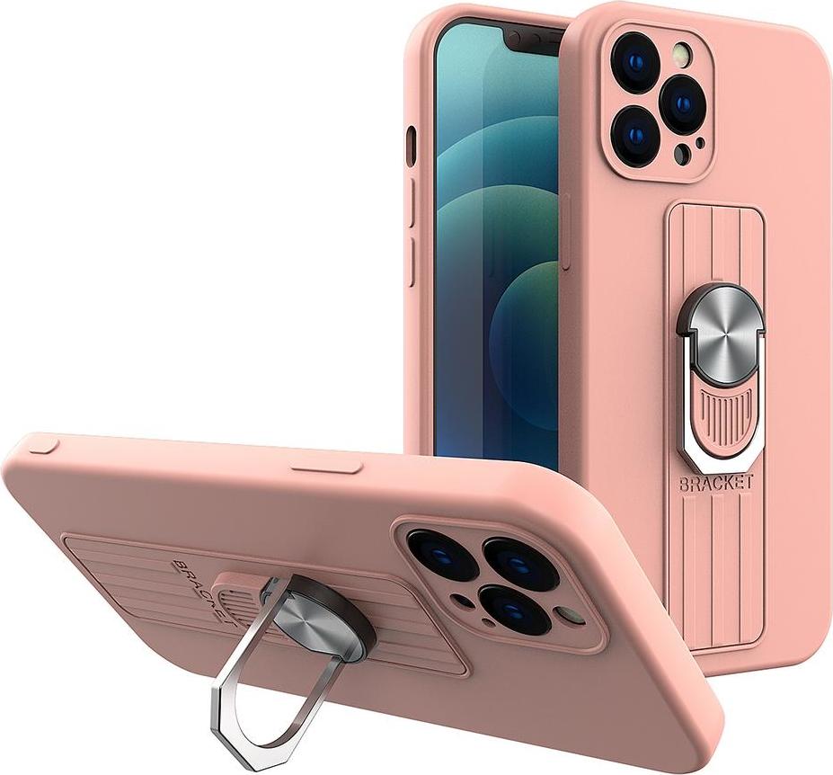 Silikonové pouzdro Ring Case s úchopem pro prsty a stojánkem pro iPhone 13 Pro růžové