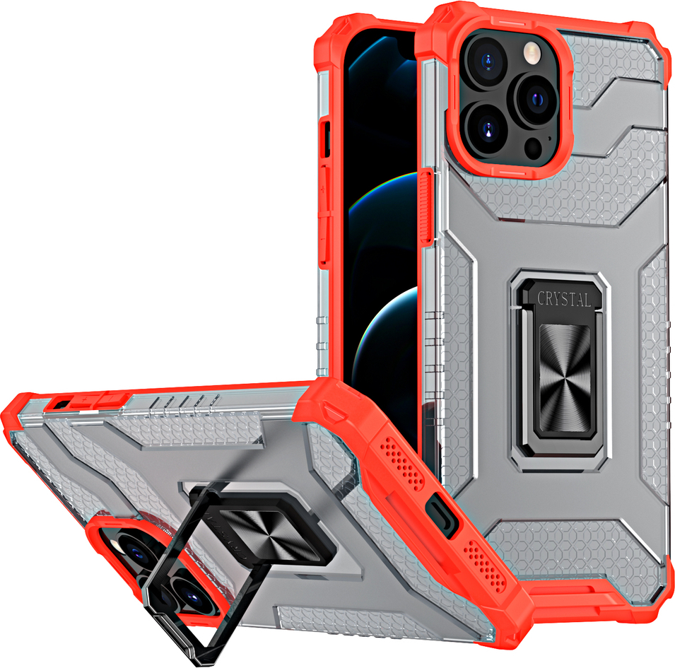 Krystalový kroužek s stojánkem, odolný kryt pro iPhone 13 Pro, červený