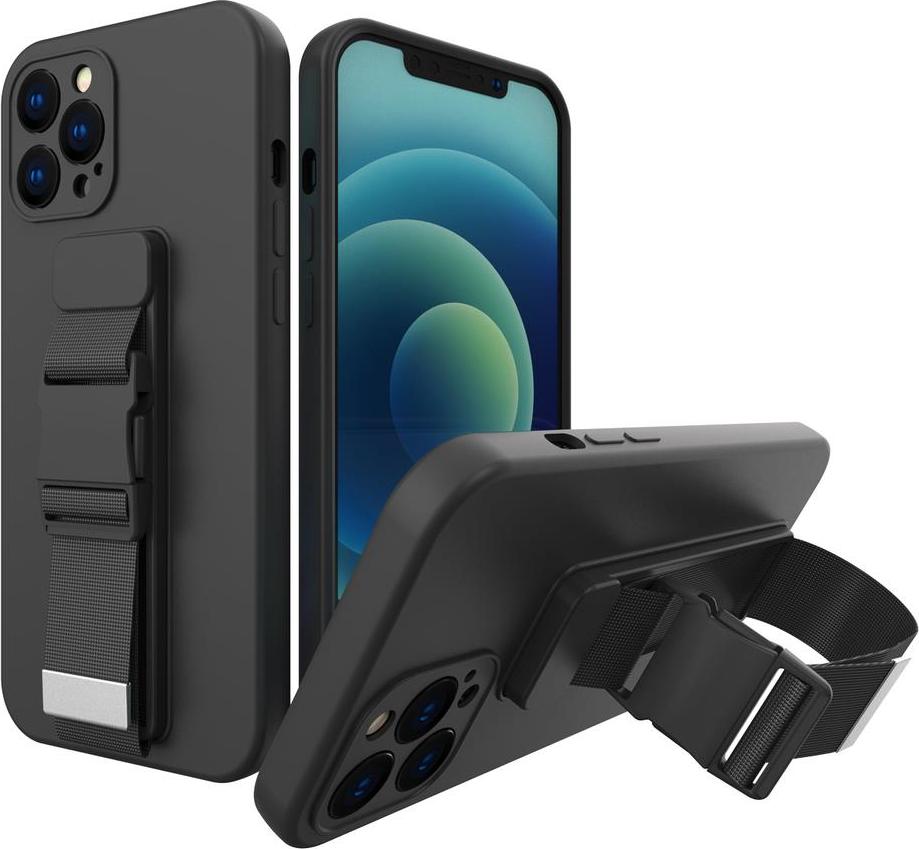 Gelové pouzdro s řetízkem na kabelku a lankem na iPhone 13 Pro Max, černé