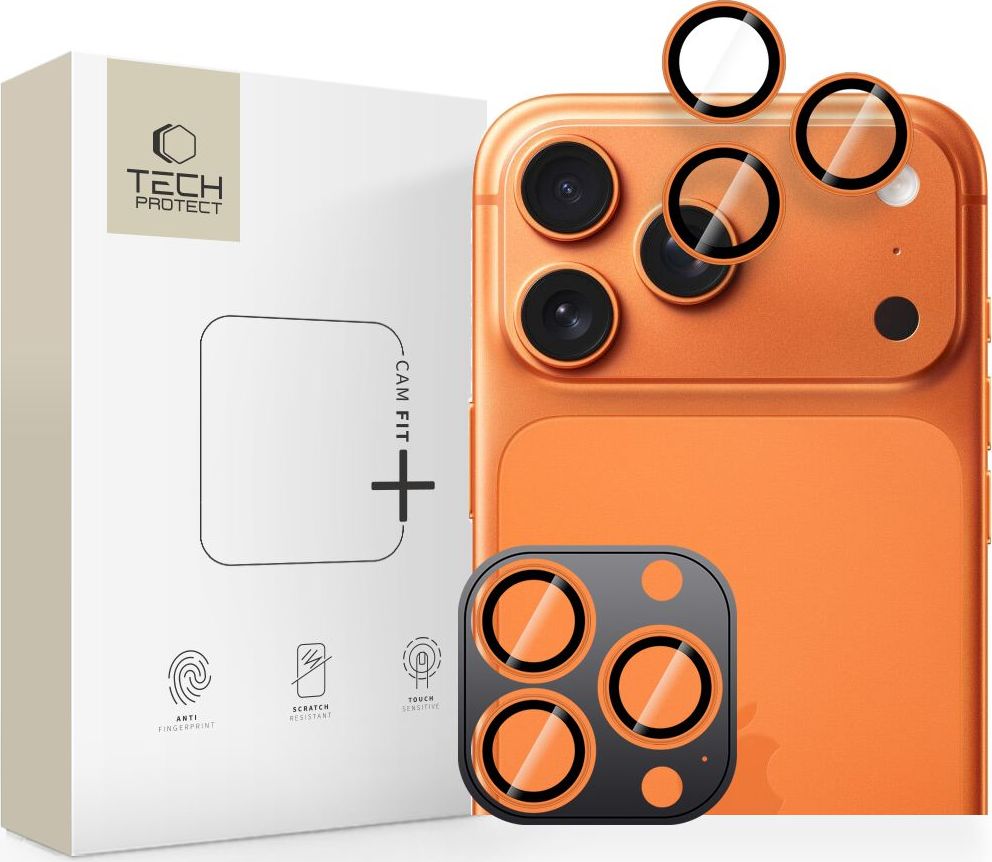 Ochranné sklo pro kameru Tech-Protect Camring Fit+ pro iPhone 14 Pro / MAX / 15 Pro / MAX / 16 Pro / MAX / 17 Pro / MAX, kosmicky oranžový