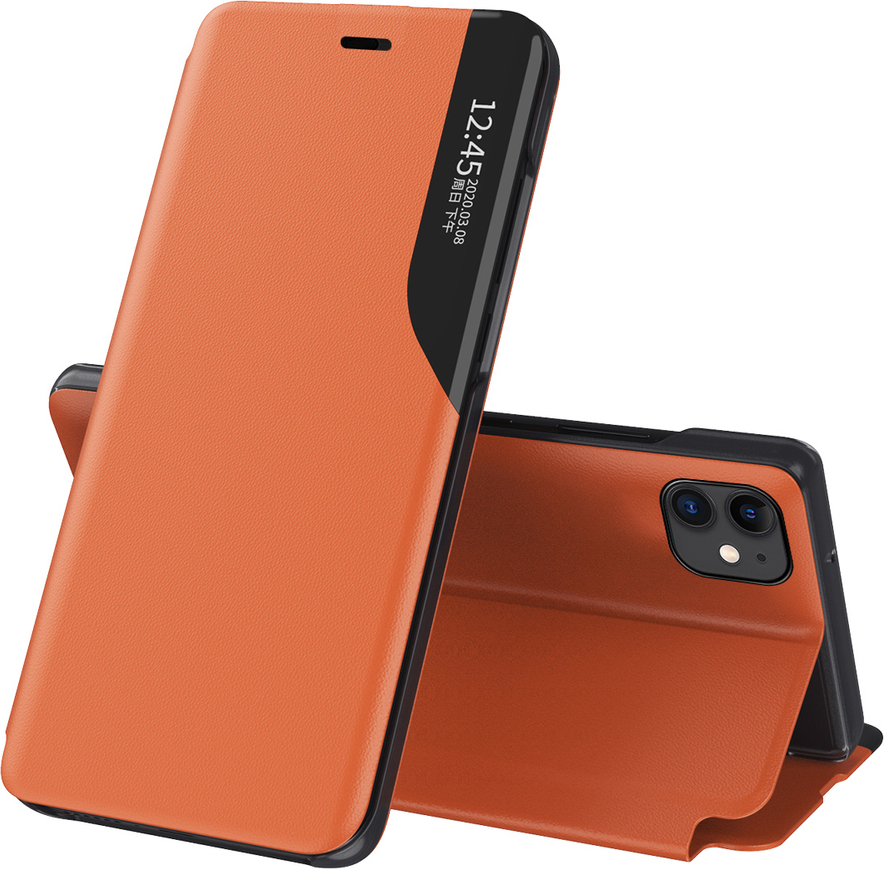 Elegantní pouzdro View Case z eko kůže s stojánkem pro iPhone 13 mini oranžové barvy