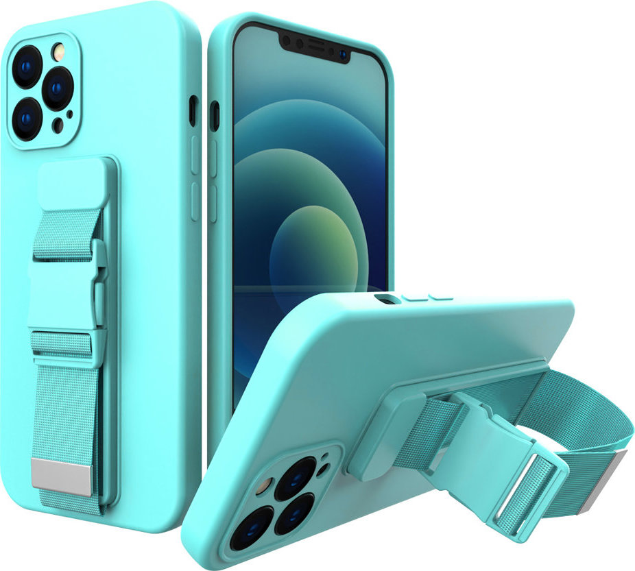 Gelové pouzdro s řetízkem, šňůrkou na krk, šňůrka na iPhone 13 mini světle modrá