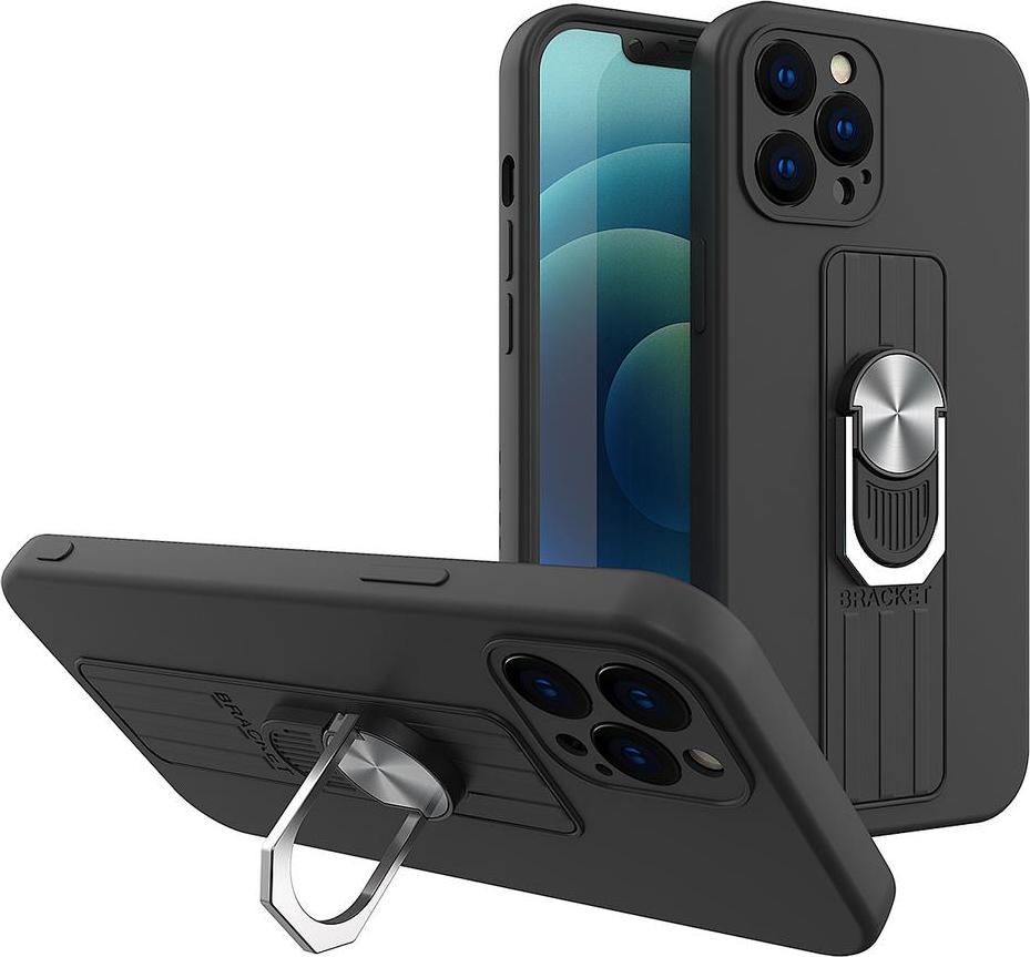 Silikonový kryt Ring Case s úchopem pro prsty a stojánkem pro iPhone 13 mini, černý