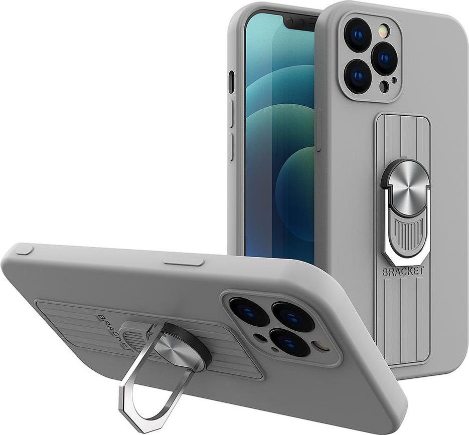 Silikonové pouzdro Ring Case s úchopem pro prsty a stojánkem pro iPhone 13 mini stříbrné barvy