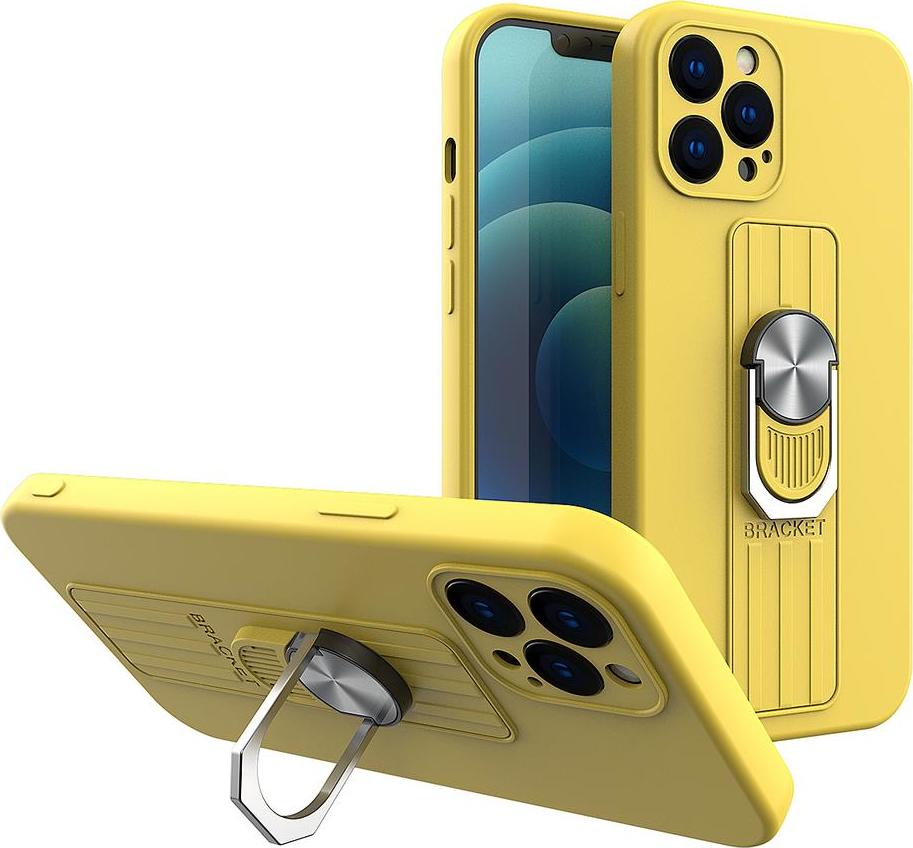 Silikonové pouzdro Ring Case s úchopem pro prsty a stojánkem pro iPhone 13 mini žluté