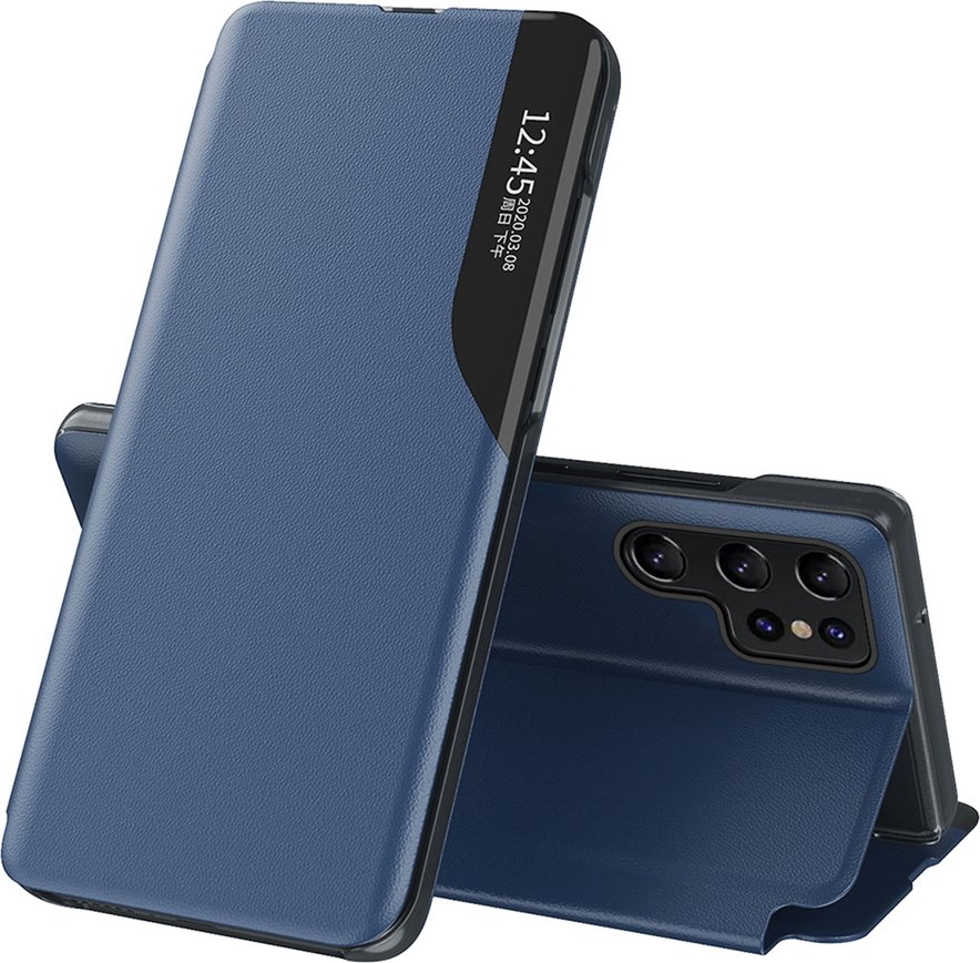 Pouzdro View z eko kůže pro Samsung Galaxy S25 Ultra s flipem a stojánkem - modré