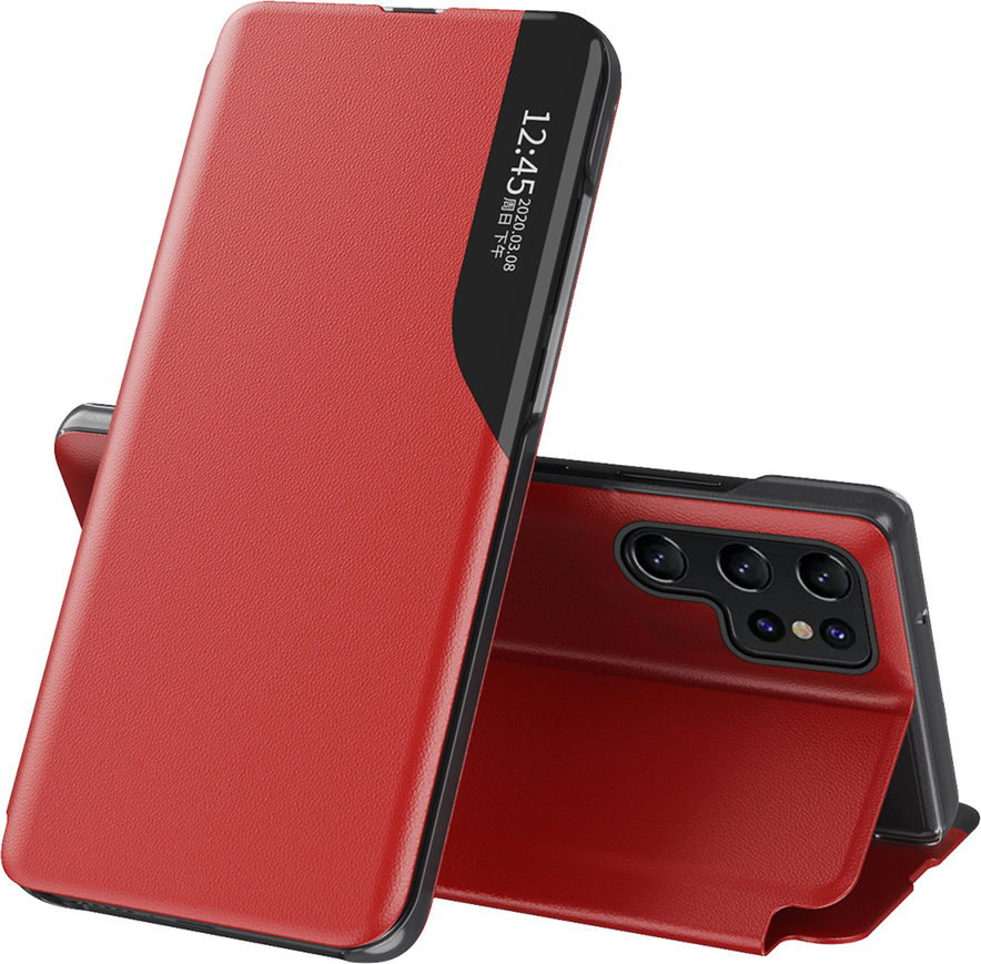 Pouzdro View z eko kůže pro Samsung Galaxy S25 Ultra s flipem a stojánkem - červené