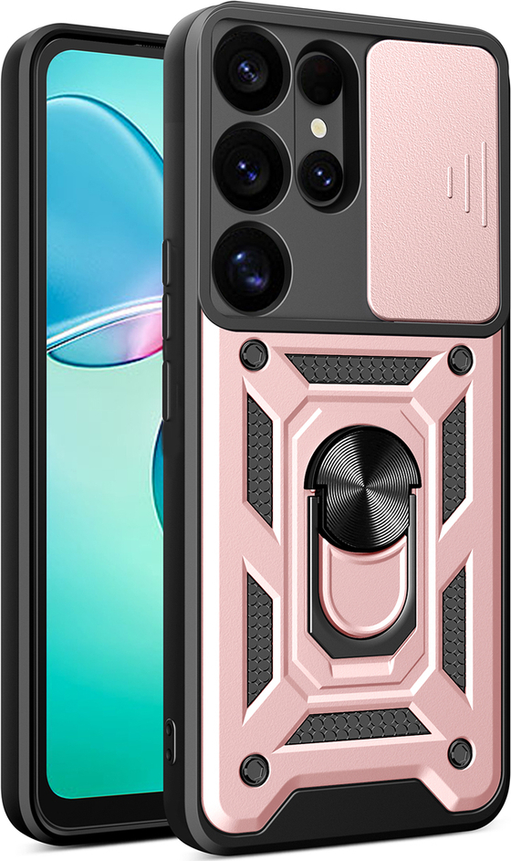 Hybridní Armor Camshield s krytem kamery a kovovým kroužkem pro Samsung Galaxy S25 Ultra - růžový