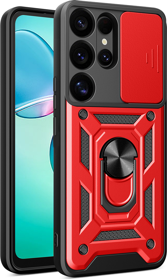 Hybridní Armor Camshield s krytem kamery a kovovým kroužkem pro Samsung Galaxy S25 Ultra - červený