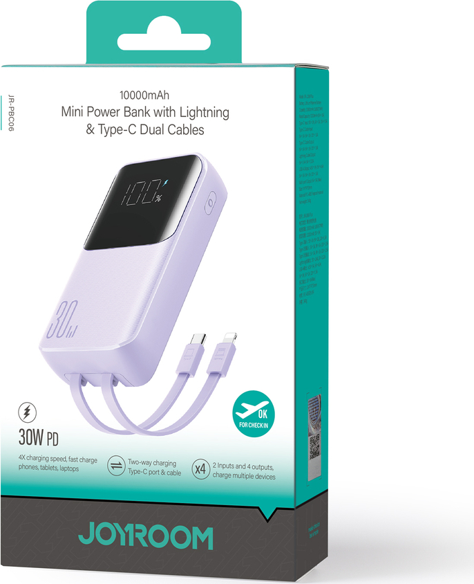 Mini powerbanka Joyroom JR-PBC06 s vestavěnými kabely USB-C / Lightning 30W 10000mAh - fialová
