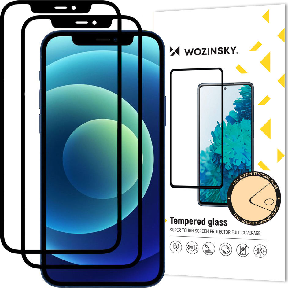 Wozinsky 2x tvrzené sklo Full Glue Super odolné ochranné pouzdro na displej, plně zakryté s rámečkem, vhodné pro iPhone 12 Pro / iPhone 12, černé