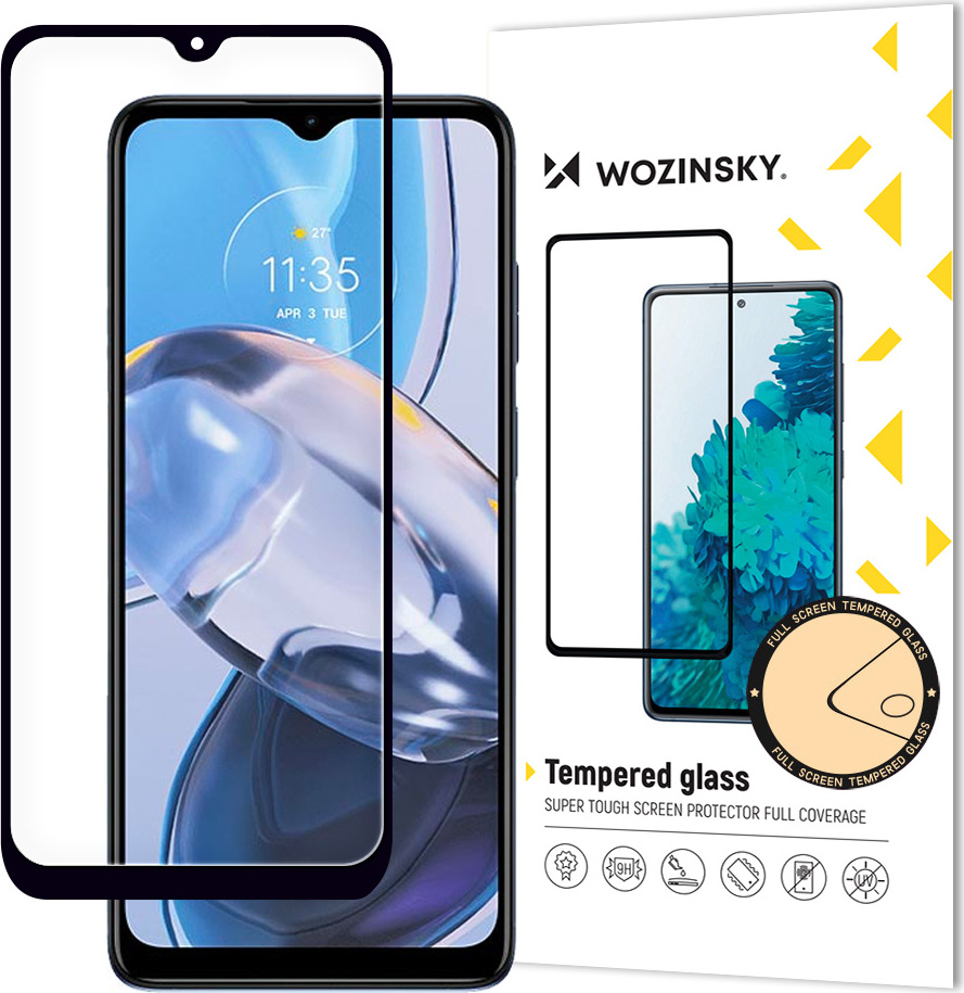 Tvrzené sklo Wozinsky Full Glue pro Motorola Moto E22i / E22 s celoplošnou úpravou a rámem, černé (vhodné pro použití na pouzdře).