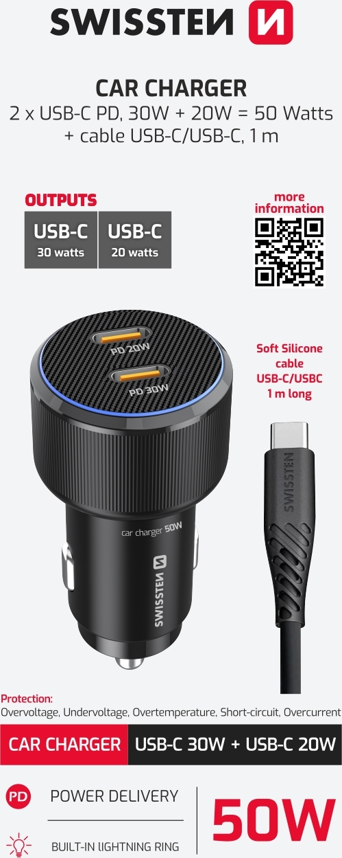 SWISSTEN CL ADAPTÉR 2x USB-C PD, 50W ČERNÝ + KABEL USB-C / USB-C, 1 M
