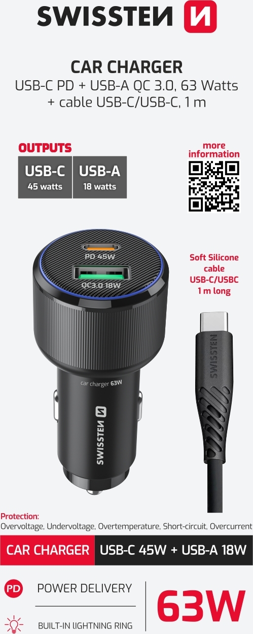 SWISSTEN CL ADAPTÉR USB-C PD + USB-A, 63W ČERNÝ + KABEL USB-C / USB-C, 1 M