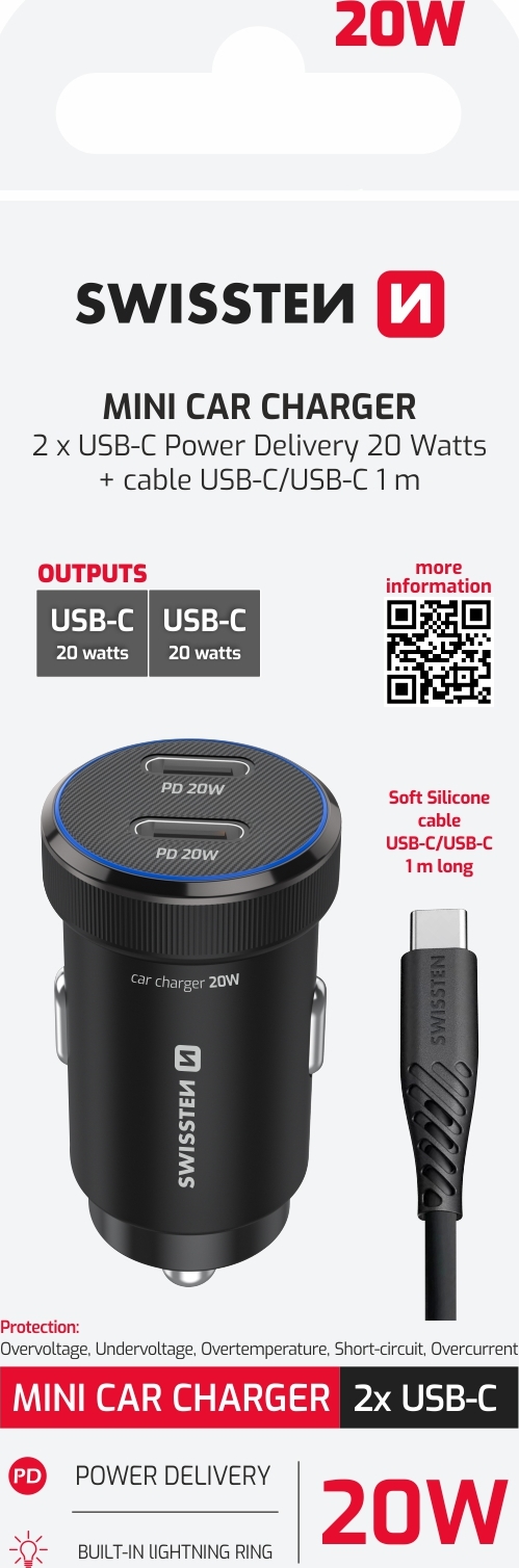 SWISSTEN CL ADAPTÉR 2x USB-C PD, 20W ČERNÝ + KABEL USB-C / USB-C, 1 M
