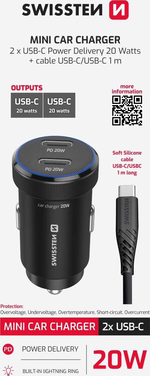 SWISSTEN CL ADAPTÉR 2x USB-C PD, 20W ČERNÝ + KABEL USB-C / USB-C, 1 M
