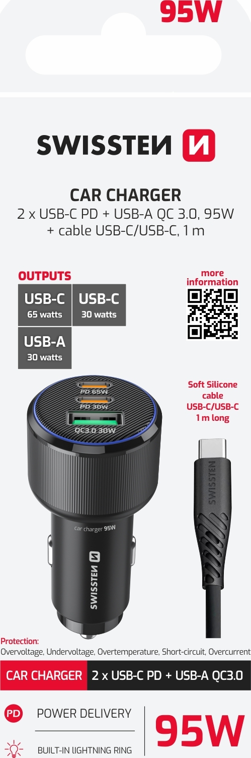 SWISSTEN CL ADAPTÉR 2x USB-C PD + USB-A, 95W ČERNÝ + KABEL USB-C / USB-C, 1 M